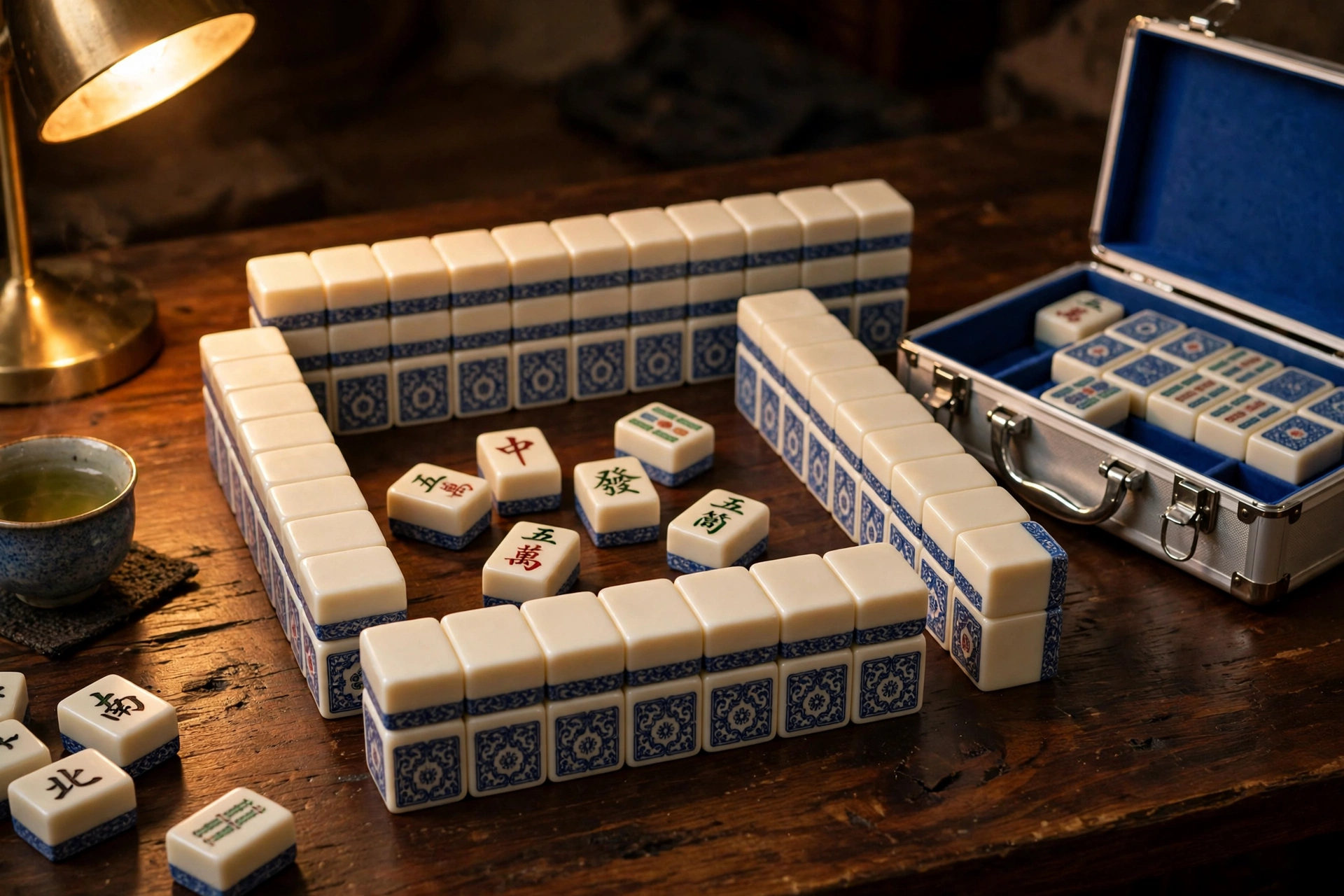 A traditional Chinese mahjong set with large tiles