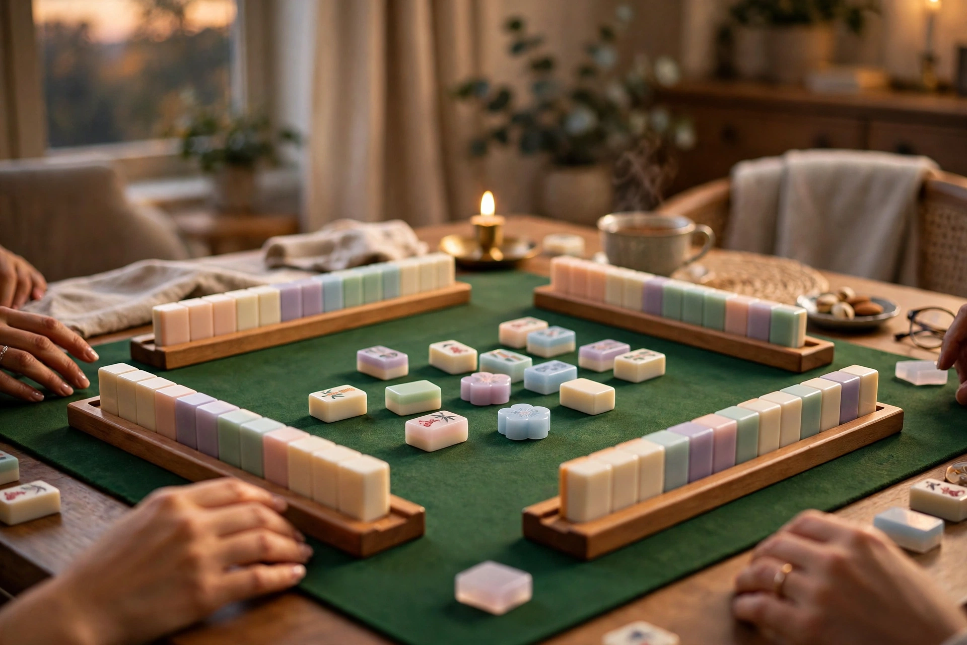 An American mahjong game in progress, tiles on racks on a green mat