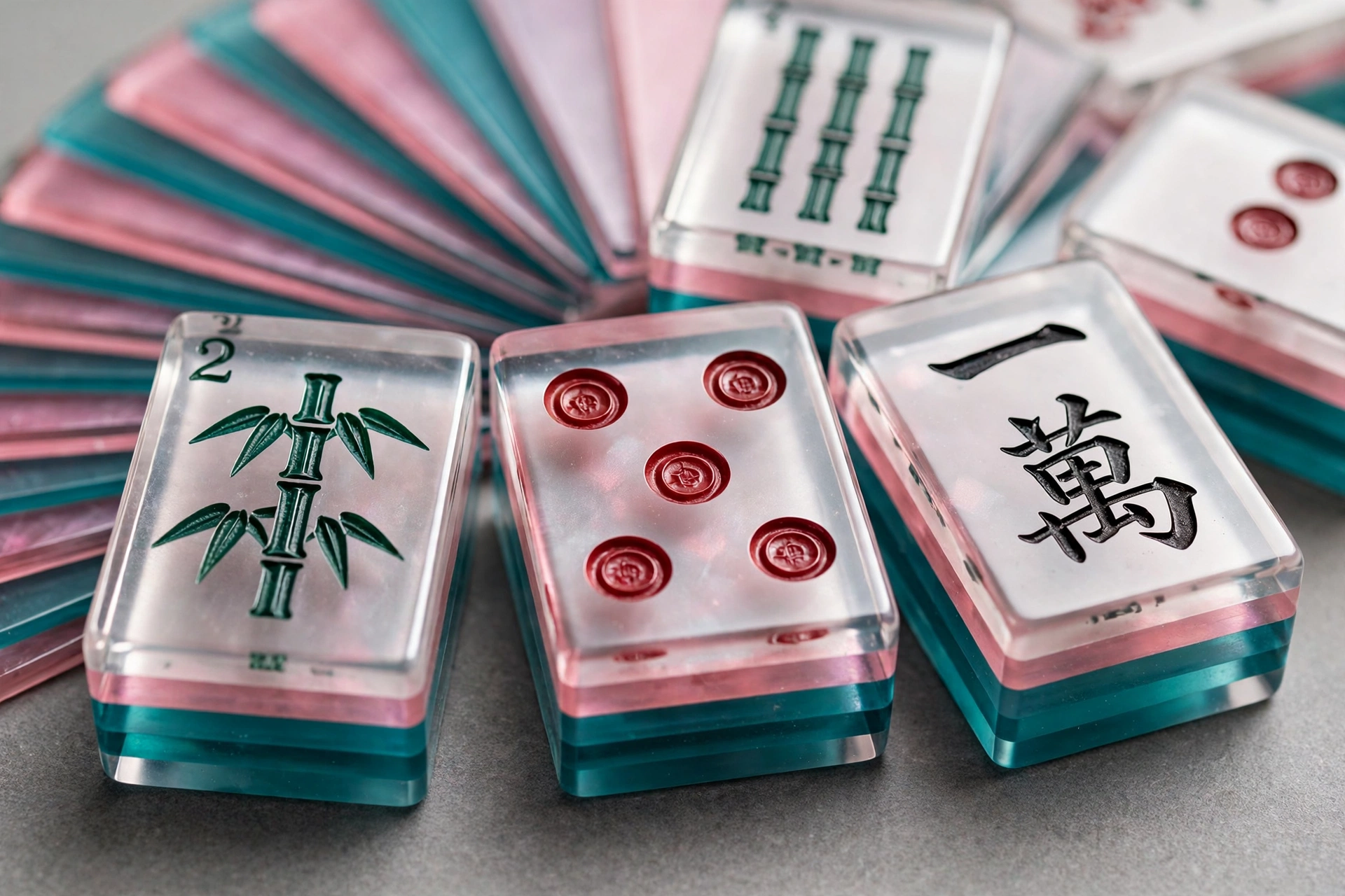 Close-up of engraved acrylic mahjong tiles